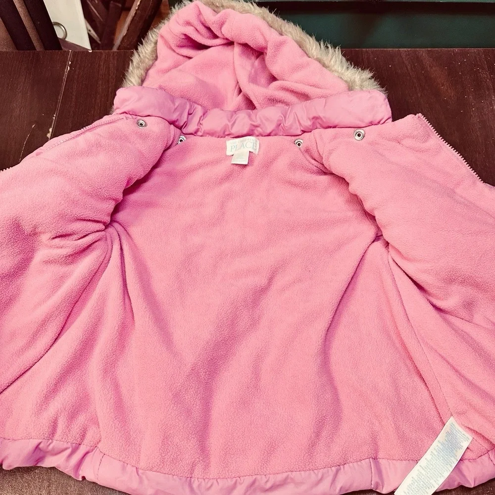 The Children's Place Pink Floral Puffer Coat Faux Fur Hood Girls 6-9 Mo Y2K VGC